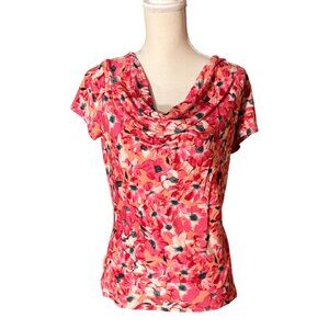 St. John floral cowl neck top S small pink print short sleeve shirt blouse